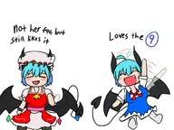 artist:kellein character:Cirno_(Touhou_Project) character:Flandre_Scarlet_(Touhou_Project) character:Vili_(Monster_Girl_Dreams) cosplay series:Monster_Girl_Dreams series:Touhou_Project Solo type:chibi type:Flat_Colors // 800x600 // 167KB